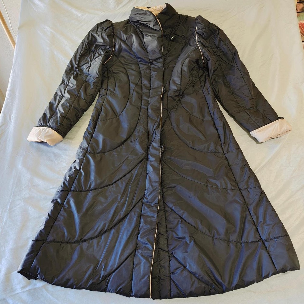 Vintage 80s 90s Sears Chevron Quilted Puffer Long Coat Jacket Black Women's M